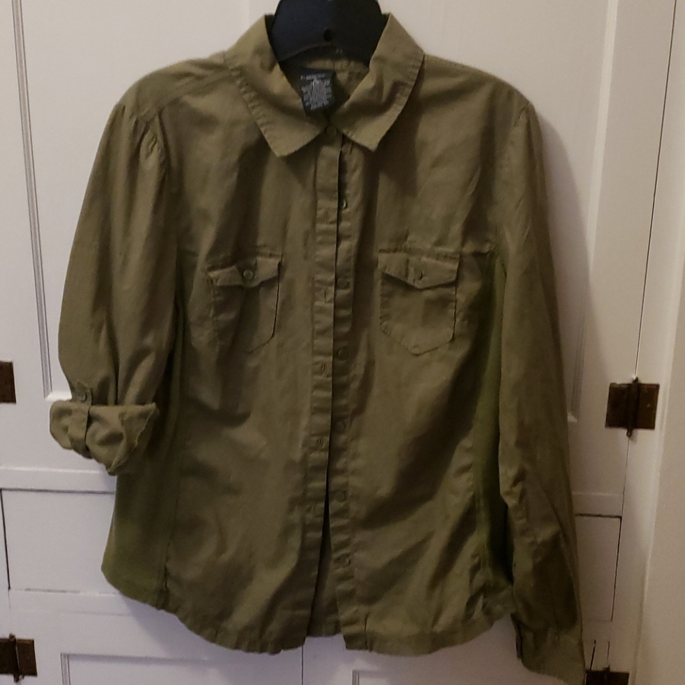 Olive colored women's button up blouse